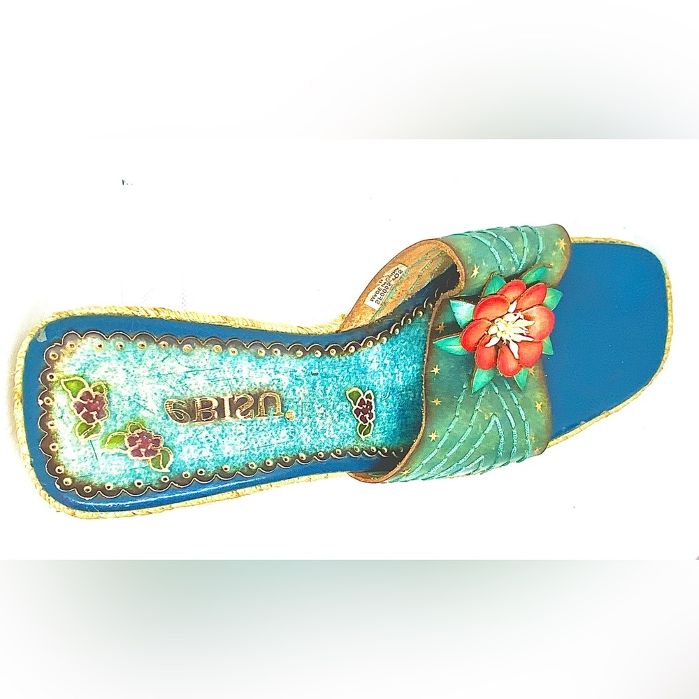 eBisu teal leather flower wedge espadrille sandals SIZE 8 pre-loved